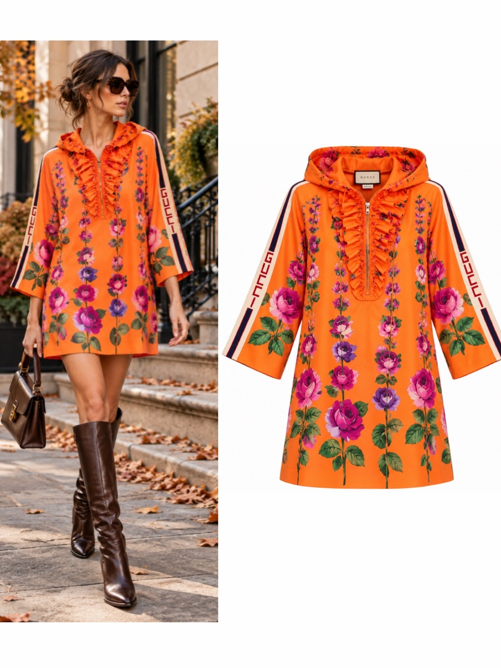 Gucci Orange Rose Garden Hooded Mini Dress XXS Resort 2018 Oversized EUC 🟠